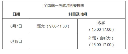 重庆市2021年高考时间安排
