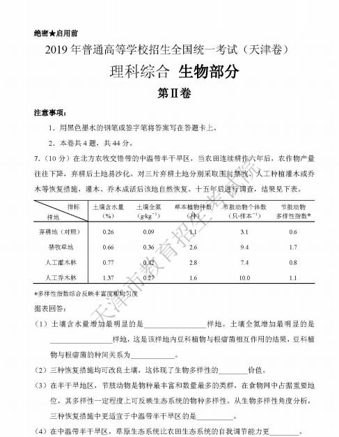 2019年天津高考理综真题【已公布】