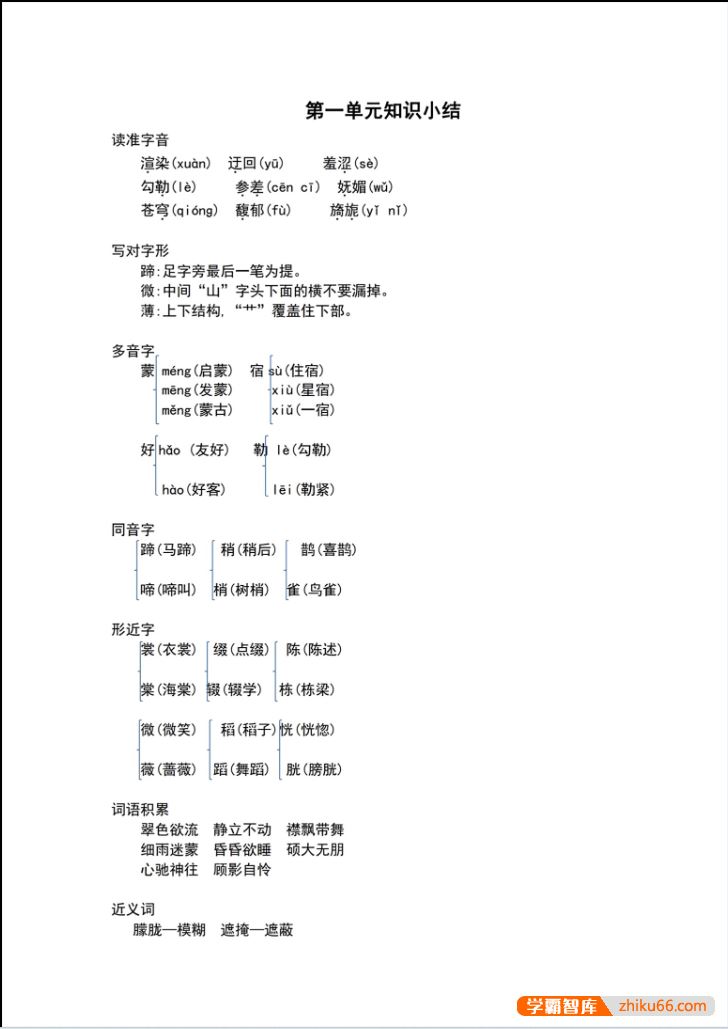 统编版小学语文1-6年级上册期末复习知识点汇总