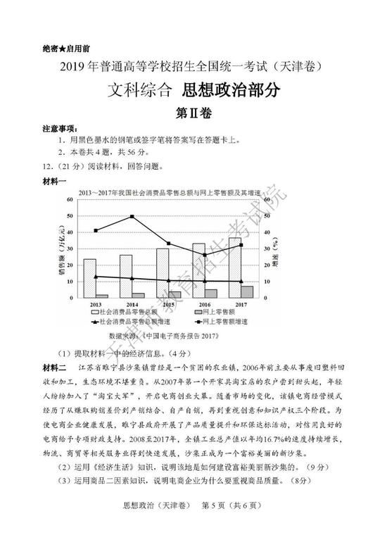 2019年天津高考文综试卷及答案【已公布】