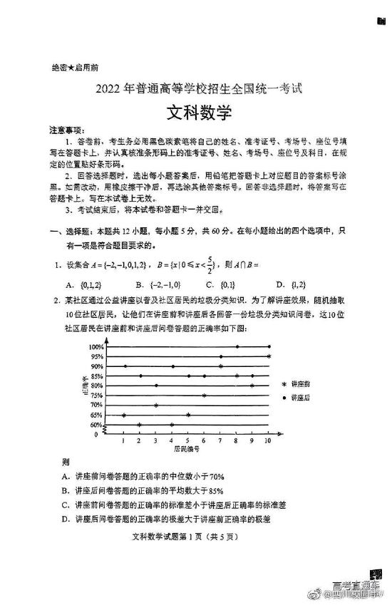 2022高考文科数学真题(全国甲卷)及答案