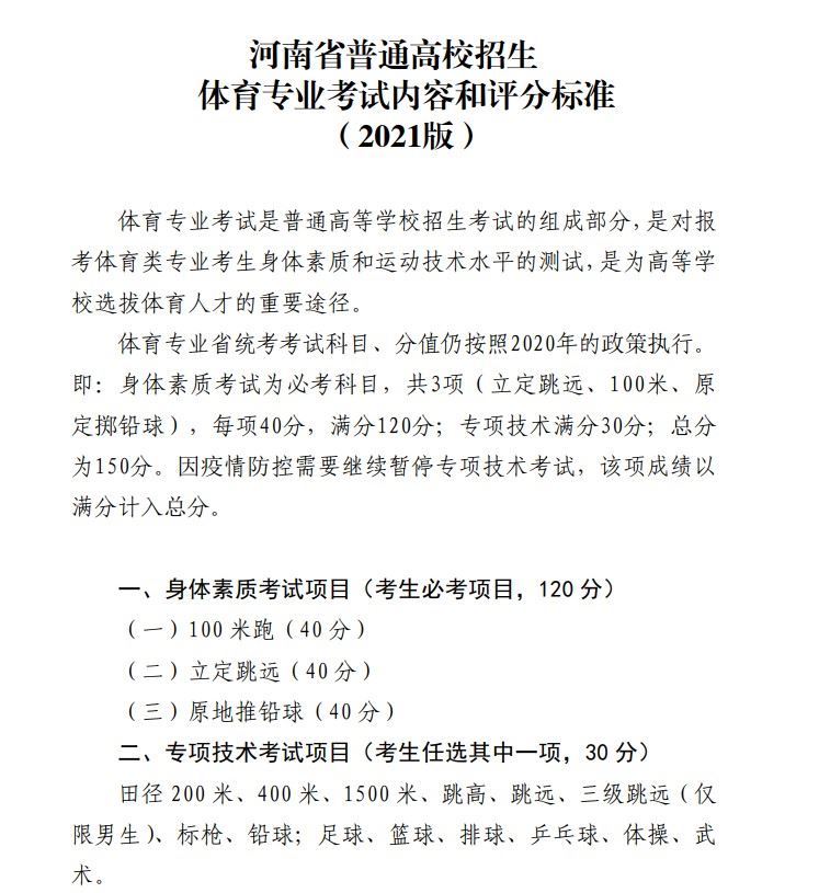 2021年河南省高考体育专业分数线