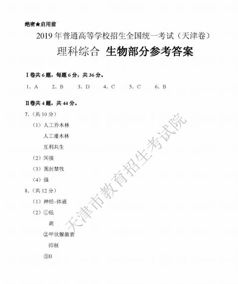 2019年天津高考理综真题【已公布】